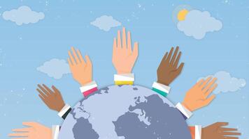 handen bereiken omhoog naar de aarde handen verheven van de Internationale menselijk rechten dag achtergrond video