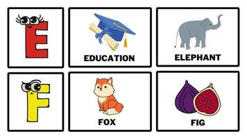 ABC tecknad serie brev e och f. animera alfabet inlärning för barn abcd för barnkammare rim förskola inlärning videoklipp. video