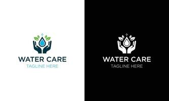 hand leaf care with fresh water drop for biology spring natural logo design vector