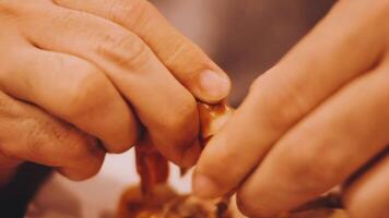 Shrimp in hand is prepared for cooking. video