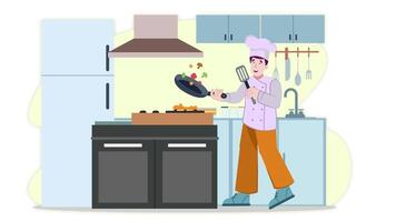 uma homem dentro uma chefe de cozinha chapéu é cozinhando Comida dentro a cozinha video