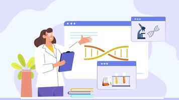 een vrouw in een laboratorium jas is staand De volgende naar een computer scherm met een dna molecuul video