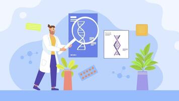 en man i en labb täcka är ser på en dna Diagram video