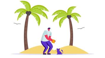 man with a cat on the beach, palm trees and a beach towel video