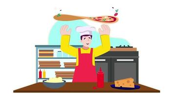 a man in an apron is holding a pizza video