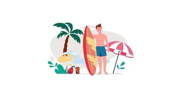 a man with a surfboard and umbrella standing next to a palm tree video