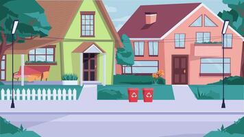 a cartoon illustration of a street with houses and trees video