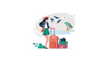 a woman with luggage and an airplane is standing near the beach video