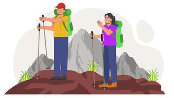 Due persone con zaini e trekking poli in piedi su un' montagna video