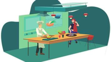 an illustration of a kitchen with people cooking video