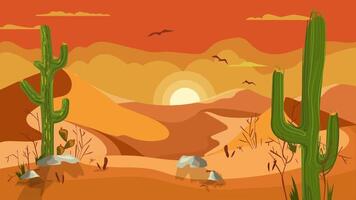 öken- landskap med kaktus och fåglar på solnedgång video