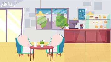 uma desenho animado ilustração do uma cafeteria com cadeiras e mesas video