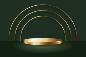 Gold round podium display stand mockup template with gold circle lines on green floor and background with shadow. vector