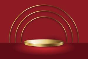 Gold round podium display stand mockup template with gold circle lines on red floor and background with shadow. vector