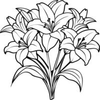lirio flor contorno ilustración colorante libro página diseño, lirio flor negro y blanco línea Arte dibujo colorante libro paginas para niños y adultos vector