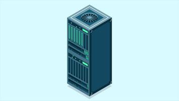 Isometric server animation. Network server room. 3D computer equipment. Storage database. Isometric technology. 4K animated in isometric style video