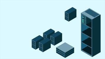 Isometric server animation. Network server room. 3D computer equipment. Storage database. Isometric technology. 4K animated in isometric style video