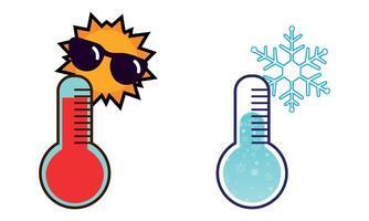 illustration with thermometers in flat style isolated on white background. Icons of hot and cold weather, summer heat, global warming, abnormal heat, frost, temperature changes. vector