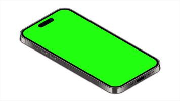 smartphone geanimeerd mockup met groen scherm. realistisch smartphone model. isometrische smartphone animatie. smartphone apparaat isometrische technologie. 4k geanimeerd in isometrische stijl video