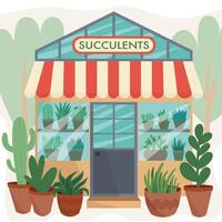 suculento flores tienda. plano plantas tienda con plantas, flores, cactus y suculentas ilustración vector