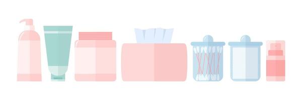 Set of beauty and spa items. Box tissue, tips in glass, cream jars and skin organic cream bottle set vector