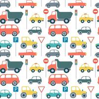 road cars flat seamless pattern. Flat style cars pattern vector