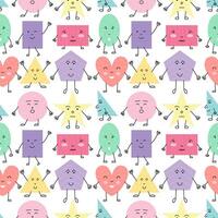 Cute shapes characters flat style seamless pattern. Heart, star, polygon, circle, triangle and rectangle shapes with eyes and mouth pattern vector