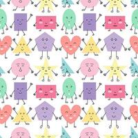 Cute shapes characters flat style seamless pattern. Heart, star, polygon, circle, triangle and rectangle shapes with eyes and mouth pattern vector