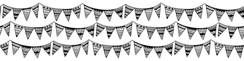 hand drawn doodle garland seamless pattern. Black and white hanging garland with ornaments seamless pattern vector