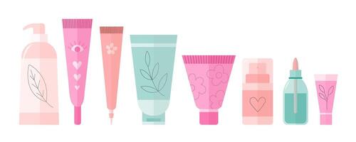 Set of skincare products organic cosmetics in flat style. different shapes cream tubes set vector