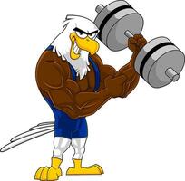 Smiling Eagle Bodybuilder Cartoon Character With Big Dumbbell vector