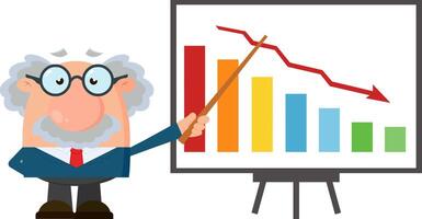 Sad Professor Or Scientist Character With Pointer Presenting A Falling Chart vector