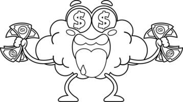Outlined Rich Brain Cartoon Character With Dollar Eyes And Cash Money vector