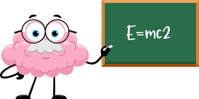 Brain Professor Cartoon Character In Front Of Chalkboard With Formula