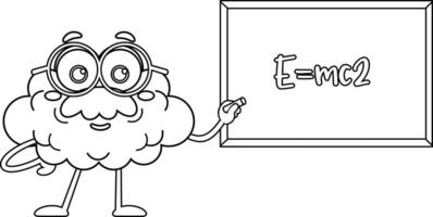 Outlined Brain Professor Cartoon Character In Front Of Chalkboard With Formula vector