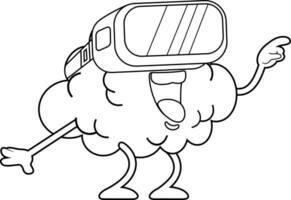 Outlined Funny Brain Cartoon Character Using Virtual Reality Glasses vector