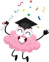 Graduate Brain Cartoon Character Holding Certificate Jumping vector