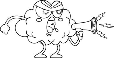 Outlined Angry Brain Cartoon Character Screaming Into Megaphone vector