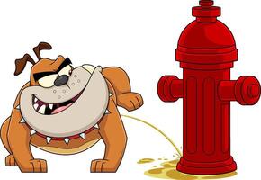 buldog dibujos animados mascota personaje orinar en un fuego boca de aguas vector