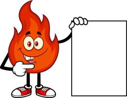 Funny Red Fire Cartoon Character Pointing To A Blank Sign vector