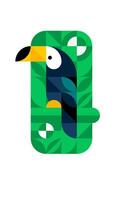 Toucan flat illustration with simple minimalistic geometric shapes. Colorful abstract mosaic. Isolated tropical bird template from square, rectangle, circle. Jungle toucan vector