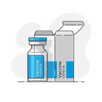 Closeup of covid medical vaccine. Coronavirus epidemic protection. Isolated illustration with ampoule and box in flat style with outline. Pandemic, flu, corona. Virus protection, health care vector