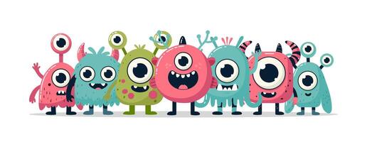 Multicolored cartoon monsters set with cheerful creatures for prints on clothing, book illustrations, childrens storybooks, educational posters. Cartoon monster collection with cute funny characters. vector