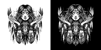 retrato de un hermosa chamán mujer con plumas en aislado antecedentes para tatuaje, t camisa, vestir diseño. negro y blanco tribal místico ilustración vector