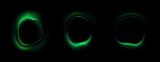 illustration of a green neon circle. Music concept, wave, equalizer. Abstract background with glowing swirling dynamic backdrop. Round luminous portal isolated on black background. vector