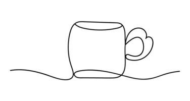 Freehand drawing with one continuous line of Mug with Heart-shaped handle. Modern pottery production is slightly uneven due to manual labor. Outline of hand drawn cup with editable stroke vector