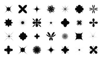 Y2K brutalism abstract elements set. Simple geometric shapes, stars and flowers. Trendy modern graphic icons for decoration, posters, futuristic design. Black silhouettes isolated on white background vector