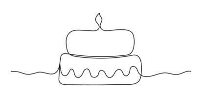 Birthday cake with candle in one line art. Symbol of celebration. Black Continuous editable stroke isolated on white background. Hand drawn illustration vector