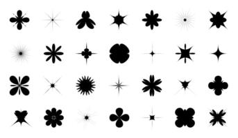 Retro y2k futuristic sparkle star flowers icons collection. Set of geometric brutalist shapes. Abstract modern black silhouettes of figures. Templates for design, posters, banners and business cards vector