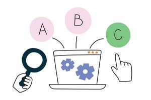 Online test composition, laptop screen with checkmarks icons, illustration of choosing right answer, taking exam on computer, school or college education, choice in questionnaire vector